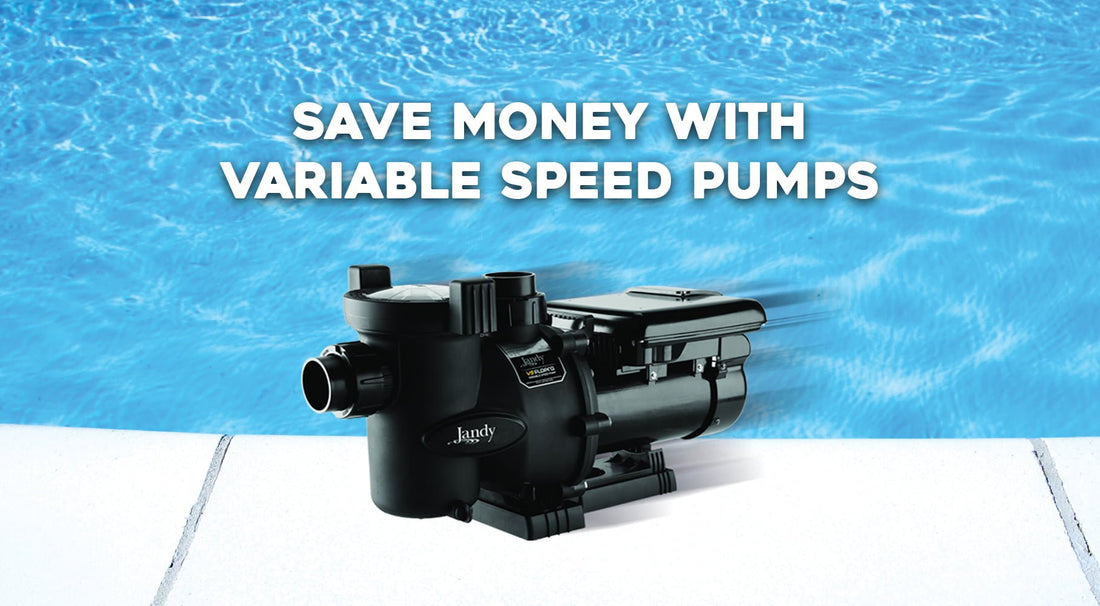 Image of a Jandy Variable Speed Pool Pump on a Background of a Pool explaining that you can save money with variable speed pumps